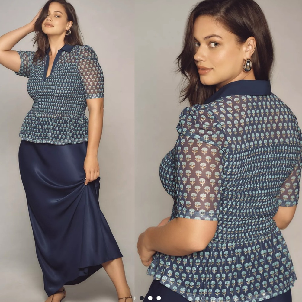 Anthropologie Maeve short sleeve smocked polo top